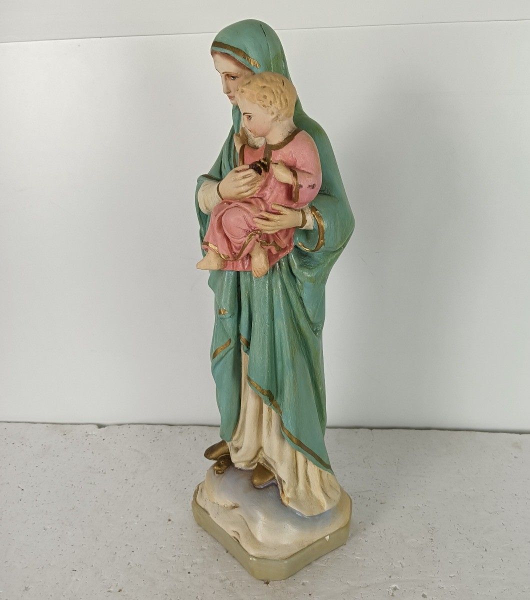 Antique Statue Madonna Virgin Mary Threading On Snake  With Infant Plaster Polyc photo vintage