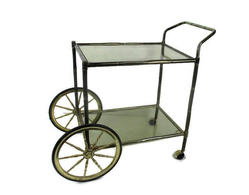 Bar Cocktail Tea Cart Trolley Hollywood Regency Kitchen Island Brass Bamboo Styl