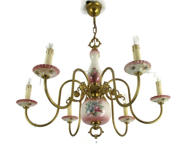 Chandelier 6 Arms Lights Ceramic Porcelain  Pink Flowers Gold Mid Century Italy