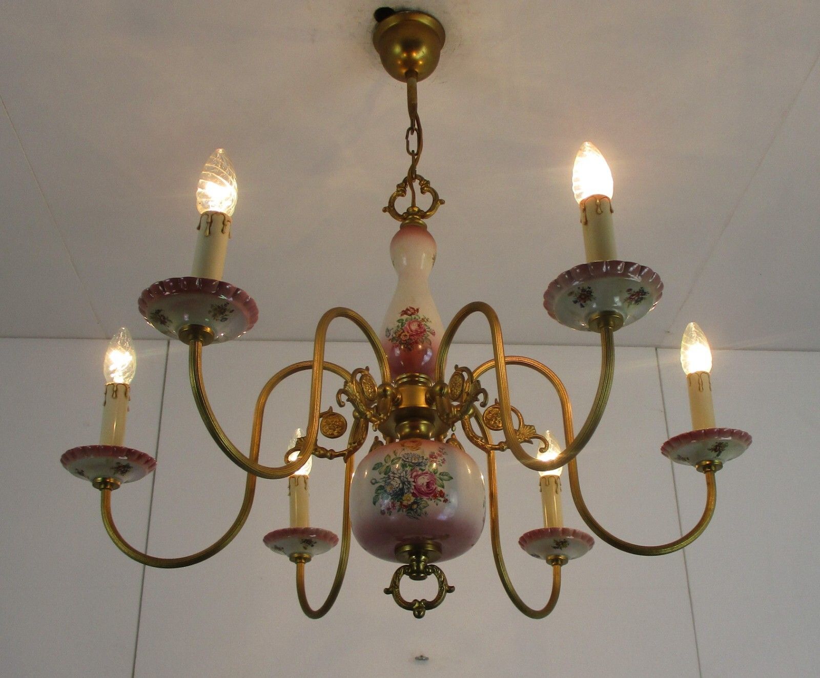Chandelier 6 Arms Lights Ceramic Porcelain  Pink Flowers Gold Mid Century Italy photo for sale