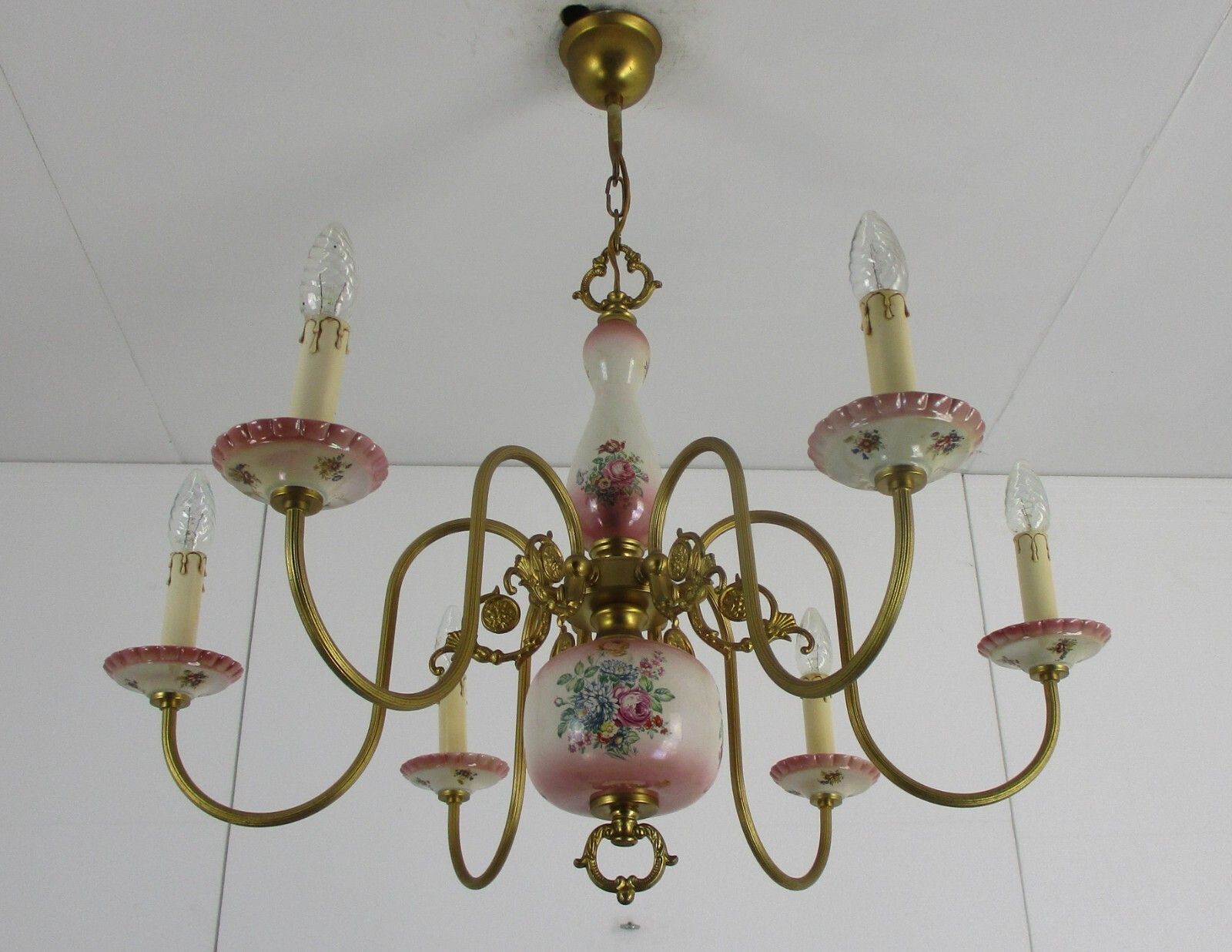 Chandelier 6 Arms Lights Ceramic Porcelain  Pink Flowers Gold Mid Century Italy photo 427.0