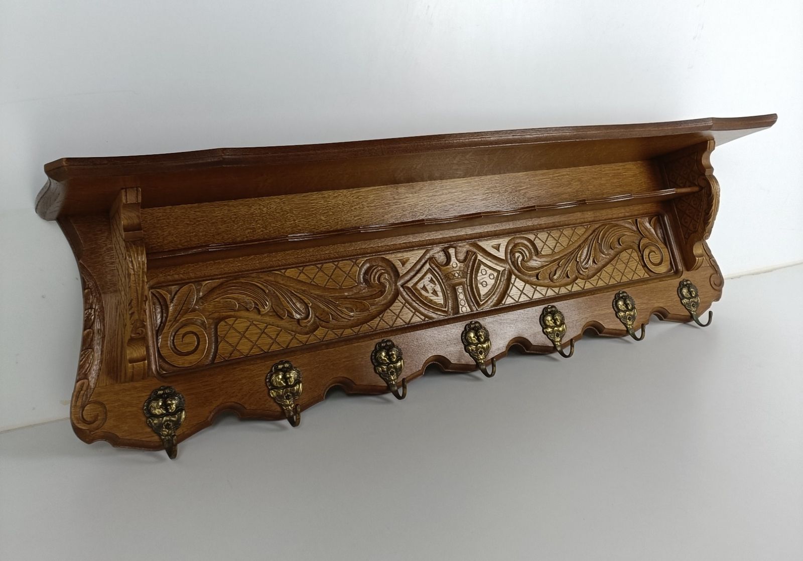 Antique Coat Rack Hat Rack Hand Carved Wood  Crown Shields Lovely Wall Hanging photo for sale
