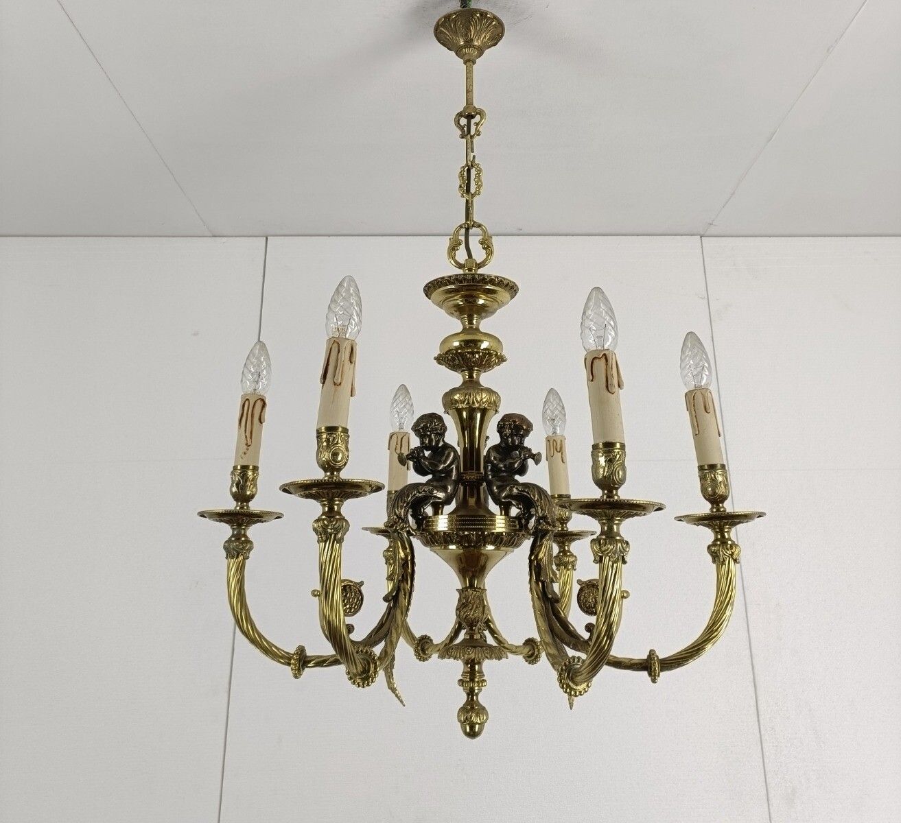 Exquisite Hollywood Regency Chandelier 6 Arm Bronze Patinated Cherubs Trumpet photo for sale