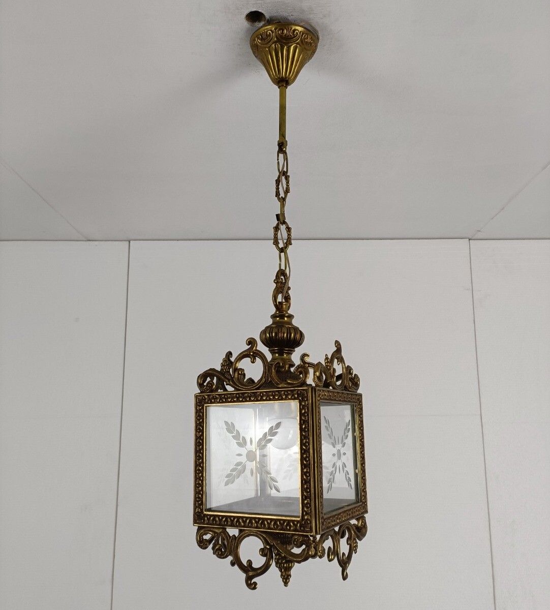 Hall Lamp Chandelier Etched Glass Vintage Hanging Light  Fixture Ceiling  Brass photo Lighting
