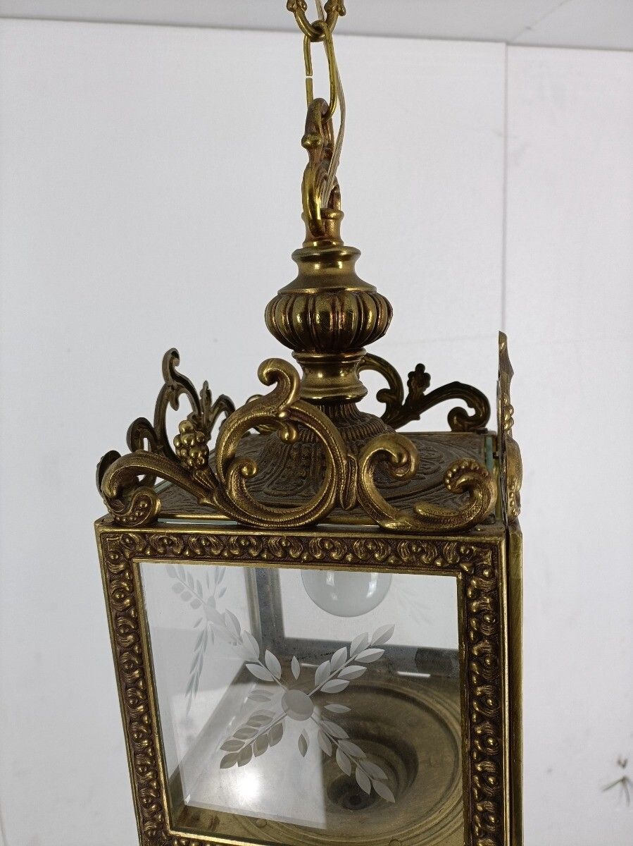 Hall Lamp Chandelier Etched Glass Vintage Hanging Light  Fixture Ceiling  Brass photo vintage