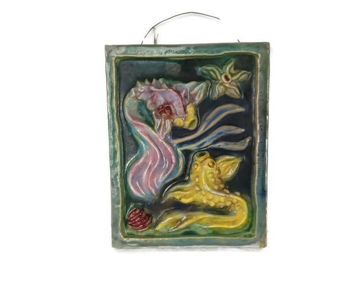 Vintage Italian  Wall Hanging Ceramic Pottery Fish Decor Sealife Polychrome Bas