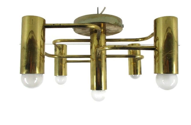 Mid Century Modern 1960s Gold Metal Chandelier 5 Lights Boulanger Sciolari