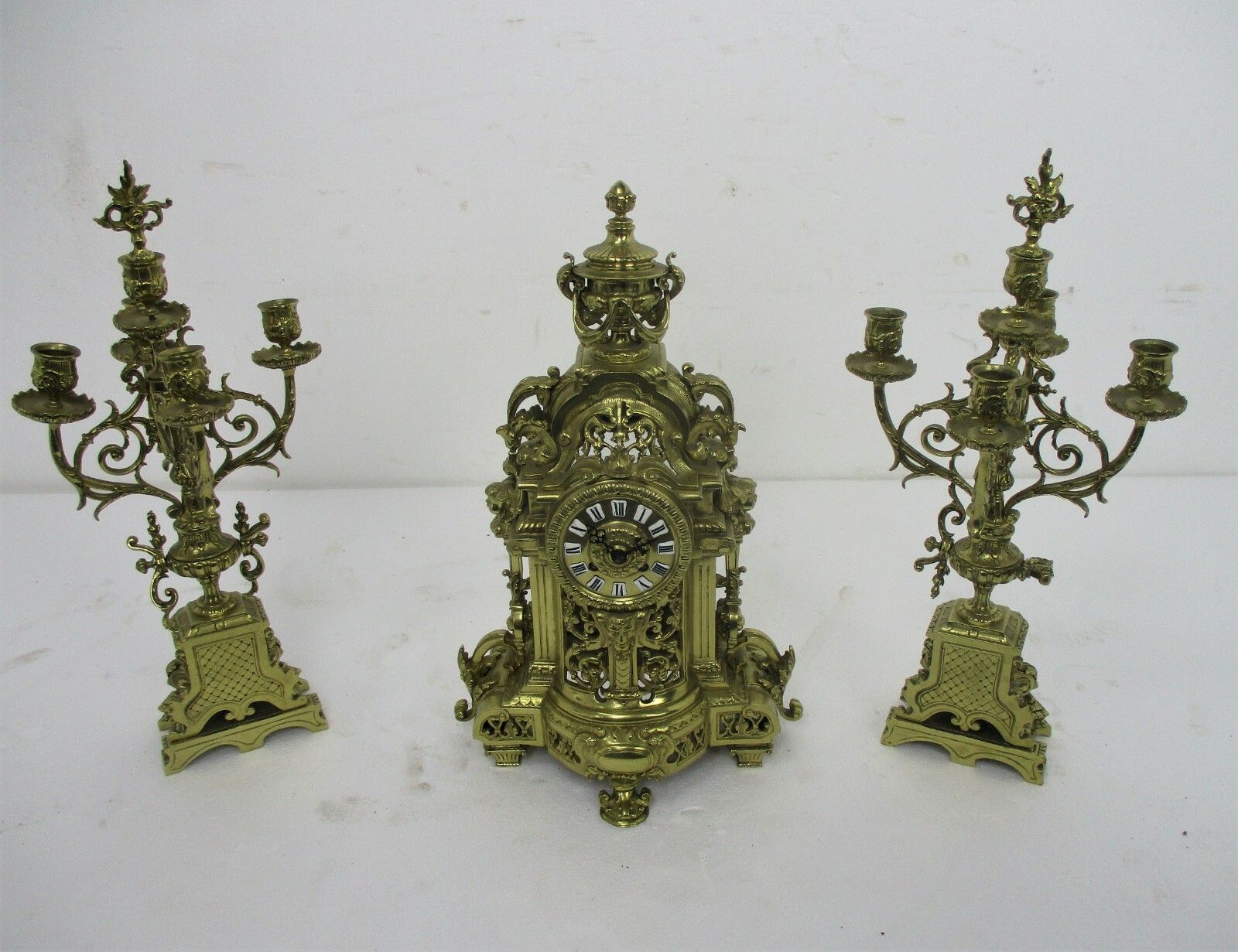 3 Piece Garniture Mantle Set 5 Arm Candelabras Clock Set Working Ornate Antique photo vinterior