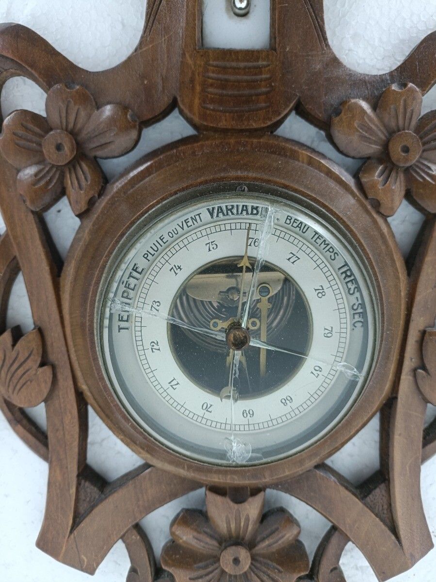 German Hand Carved Wood Barometer Thermometer Weather Station Black Forest Style photo vinterior