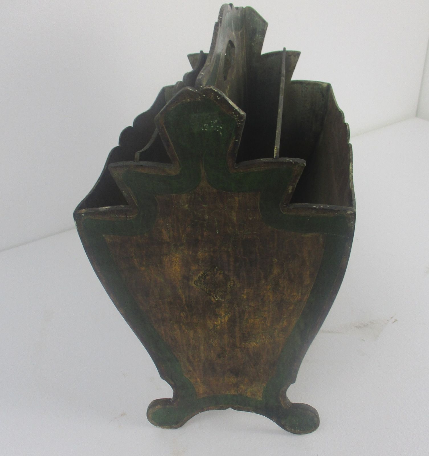 Florentine Wooden Magazine Newspaper Basket Hollywood Regency  Green Gold photo vintage