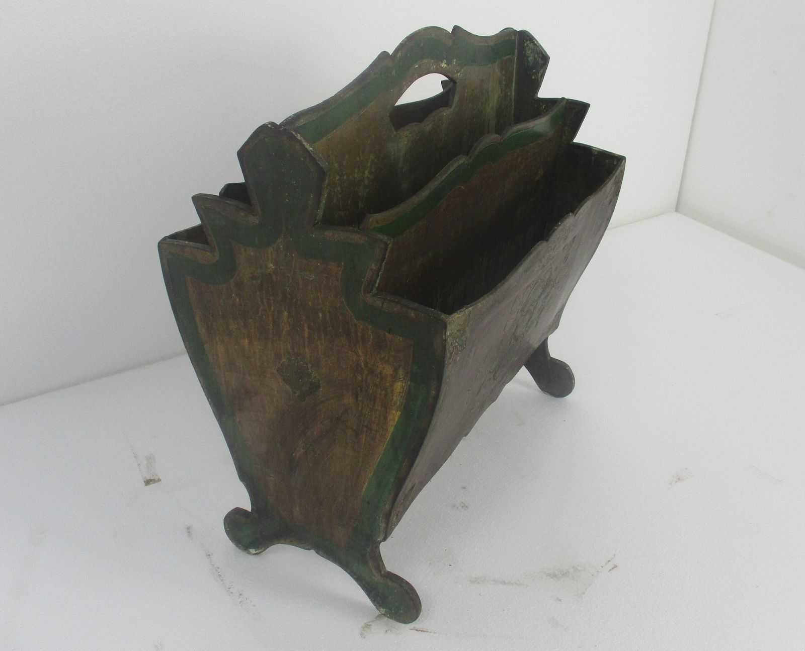 photo for sale Florentine Wooden Magazine Newspaper Basket Hollywood Regency  Green Gold