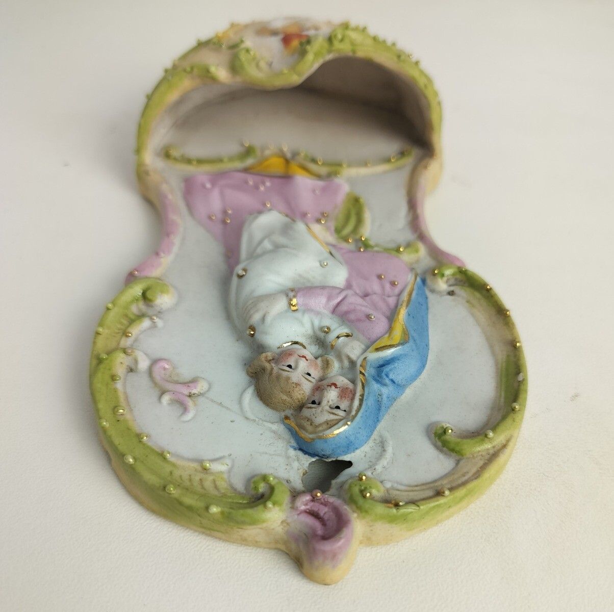 Antique Holy Water Font Vessel Bisque Porcelain Polychrome Virgin Mary Infant Ho photo Art