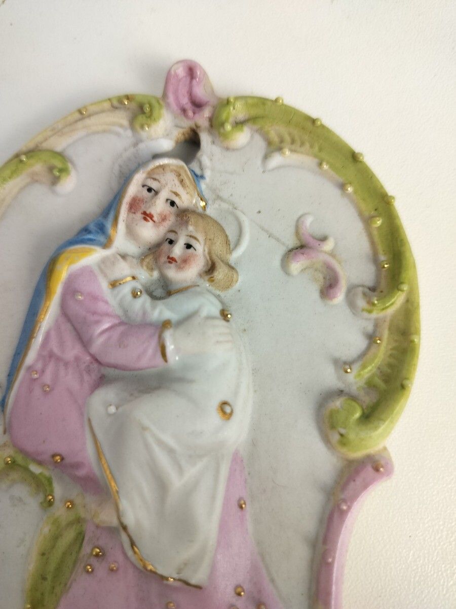 Antique Holy Water Font Vessel Bisque Porcelain Polychrome Virgin Mary Infant Ho photo vintage