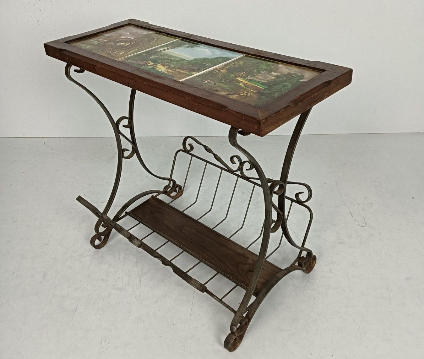 Vintage Magazine Newspaper Basket Side Table Ceramic Tiles Wrought Iron Dutch photo Furniture