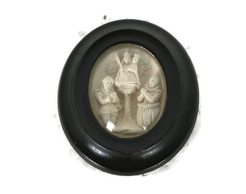 Antique Mini Small Wall Hanging Meerschaum Our Lady Of Montaigu Framed Convex Gl