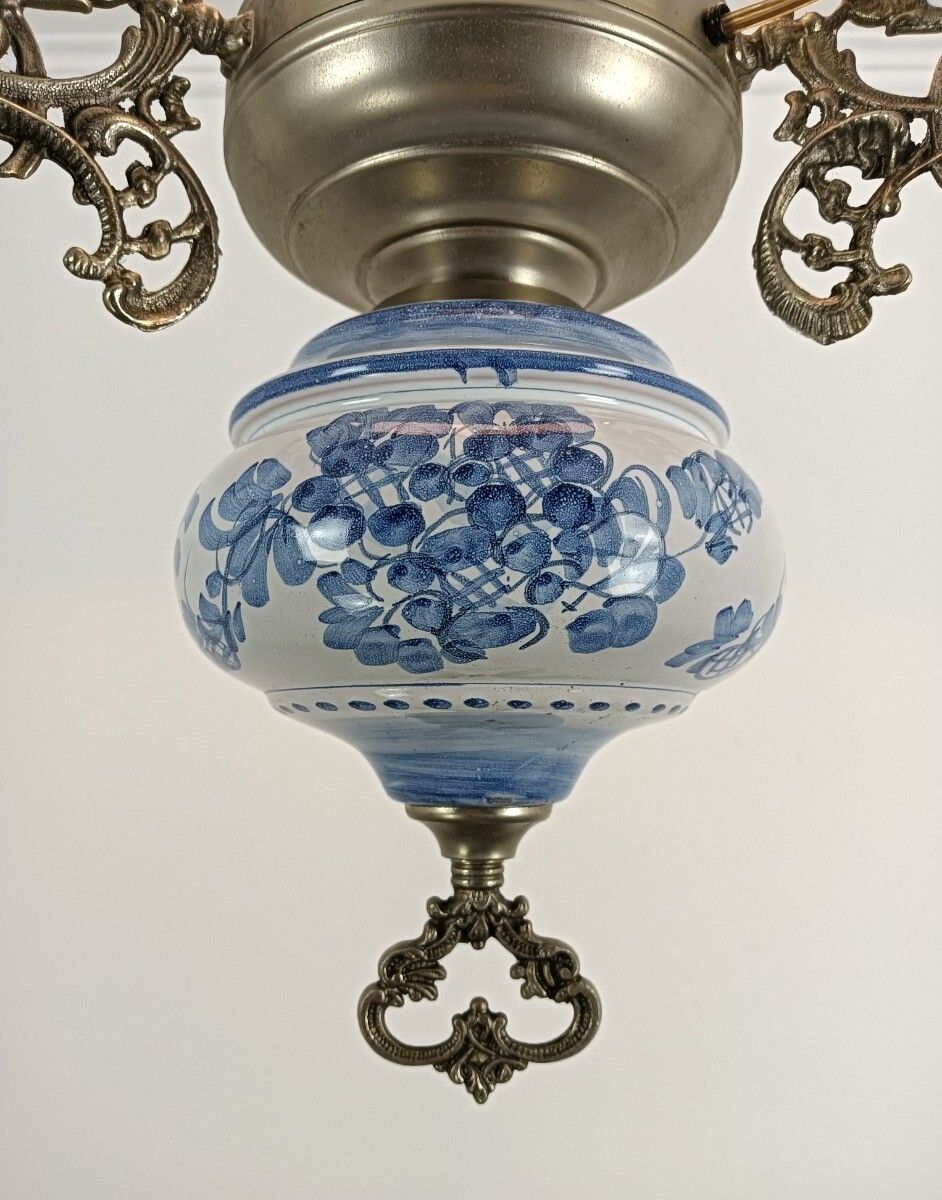 Gorgeous Delft  Chandelier Blue White With Lampe Belge Antique French Country St photo for sale