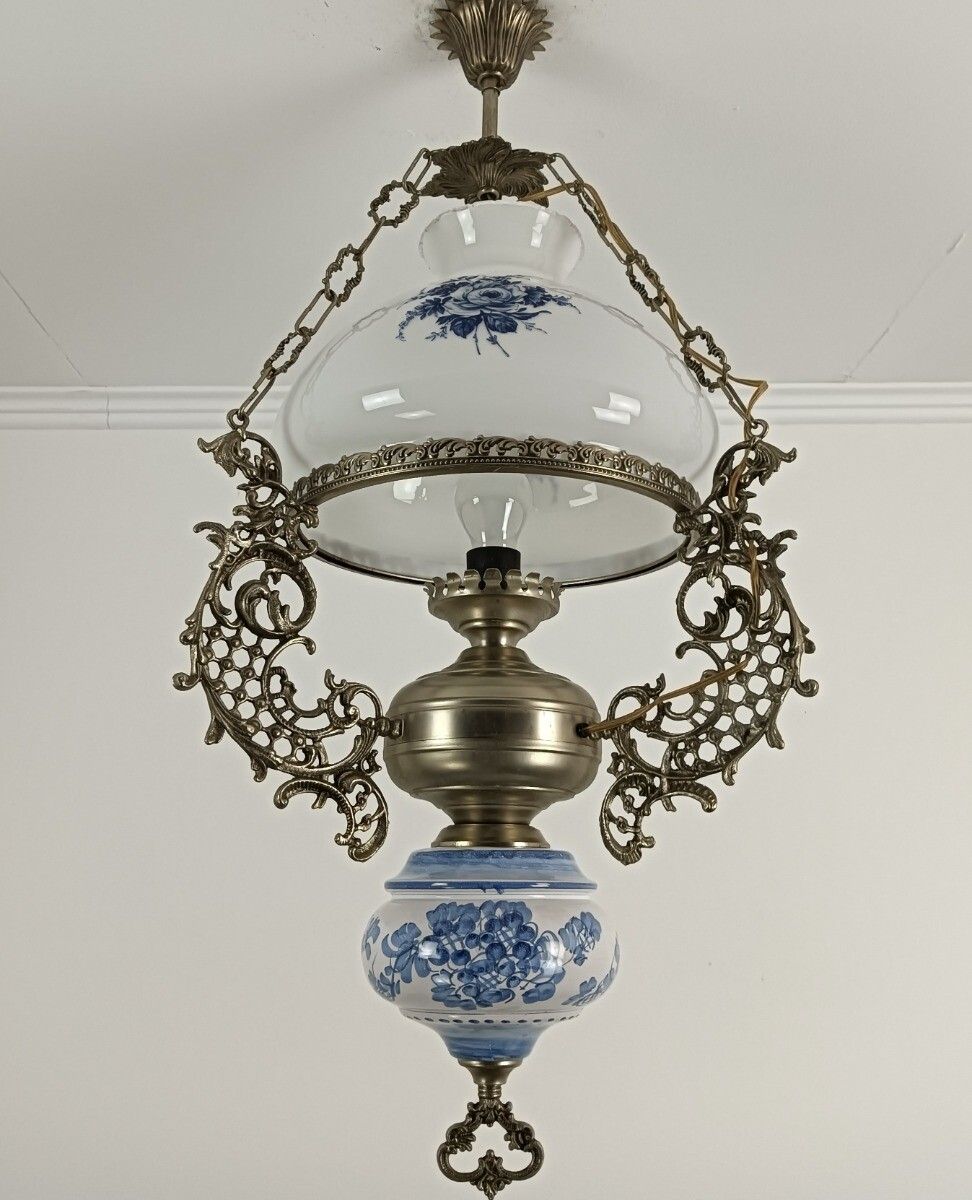 Gorgeous Delft  Chandelier Blue White With Lampe Belge Antique French Country St photo vintage