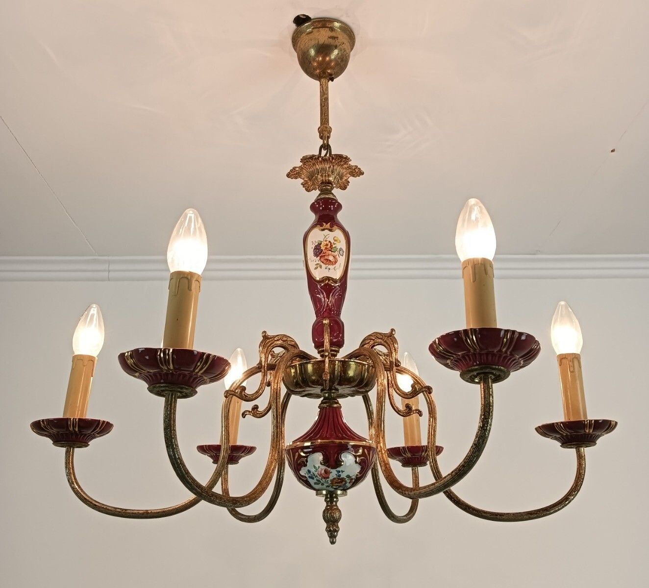 Chandelier Porcelain Polychrome Flowers Italian Italy Vintage 6 Lights Romantic photo Lighting