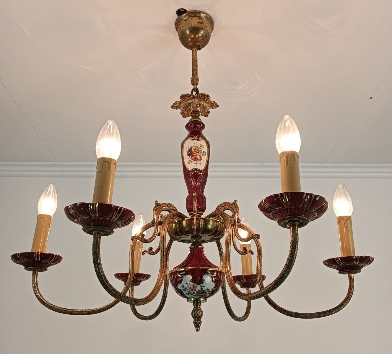 Chandelier Porcelain Polychrome Flowers Italian Italy Vintage 6 Lights Romantic photo vinterior
