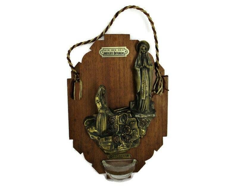 Art Deco Wall Holy Water Font Vessel  Blessed Virgin Mary  Little Girl Brass On