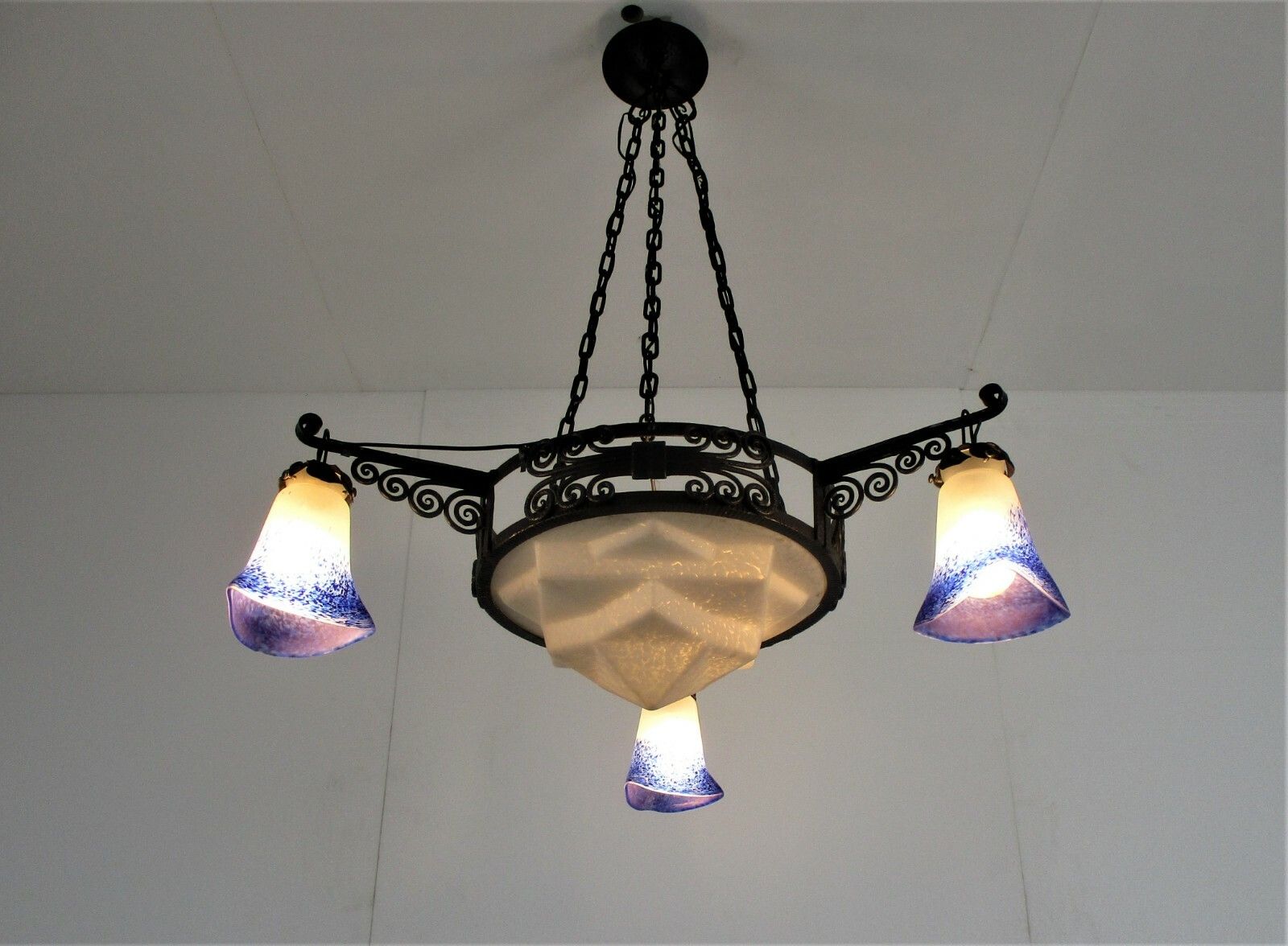 Art Nouveau Deco  French Pate De Verre Chandelier Glass Paste Wrought Iron Wow photo furniture