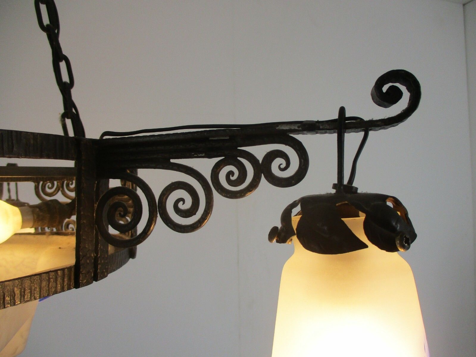 Art Nouveau Deco  French Pate De Verre Chandelier Glass Paste Wrought Iron Wow photo buy