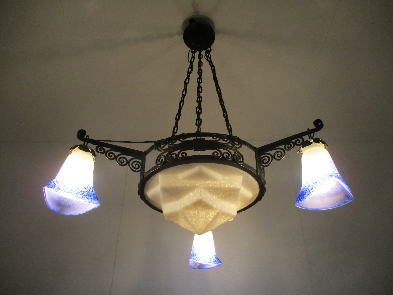 Lighting Art Nouveau Deco  French Pate De Verre Chandelier Glass Paste Wrought Iron Wow photo