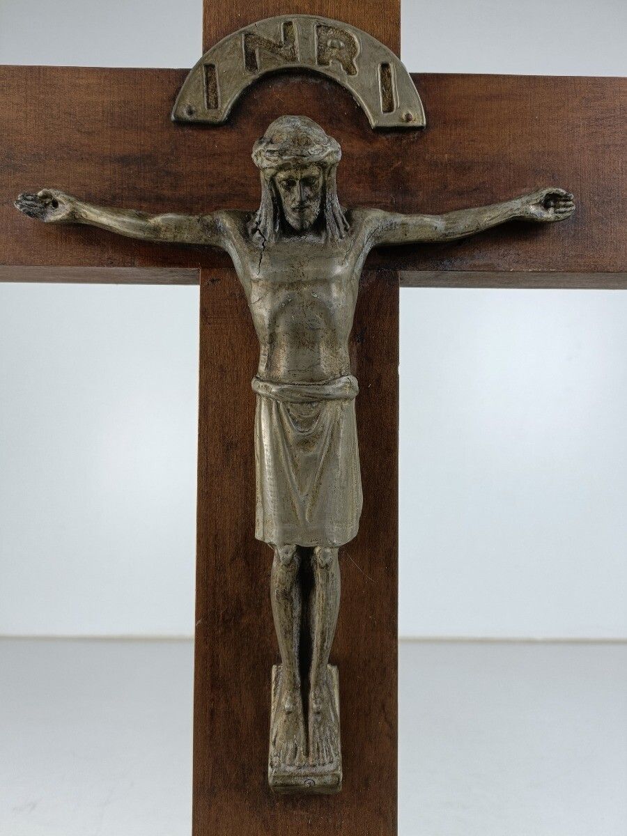 Art Deco Standing Crucifix Wood Oak Spelter Corpus Modernist Antique Cross photo vinterior