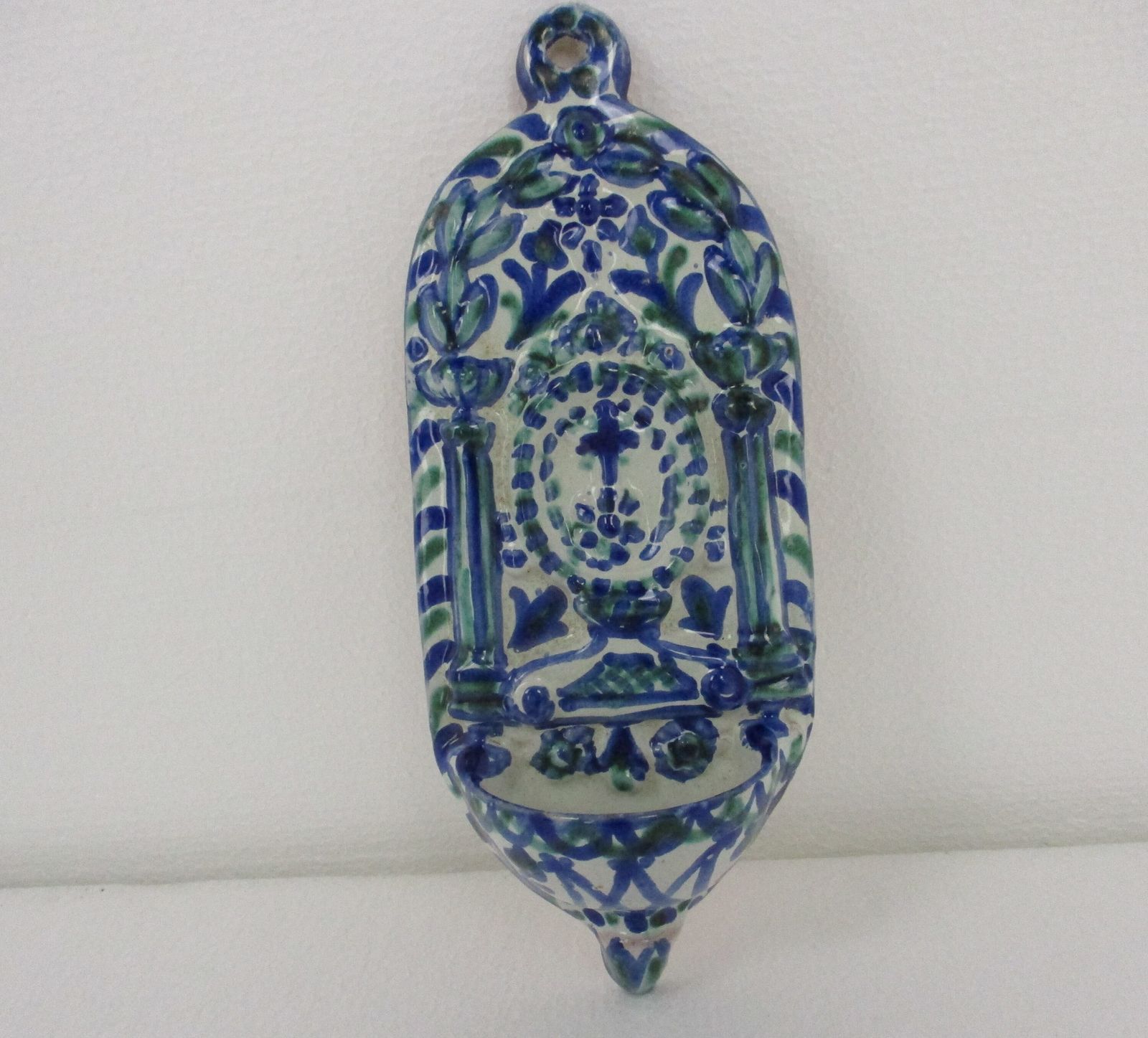Large Blue  White Spanish Holy Water Font Vessel Hand Painted Ceramic Wall Hangi photo for sale