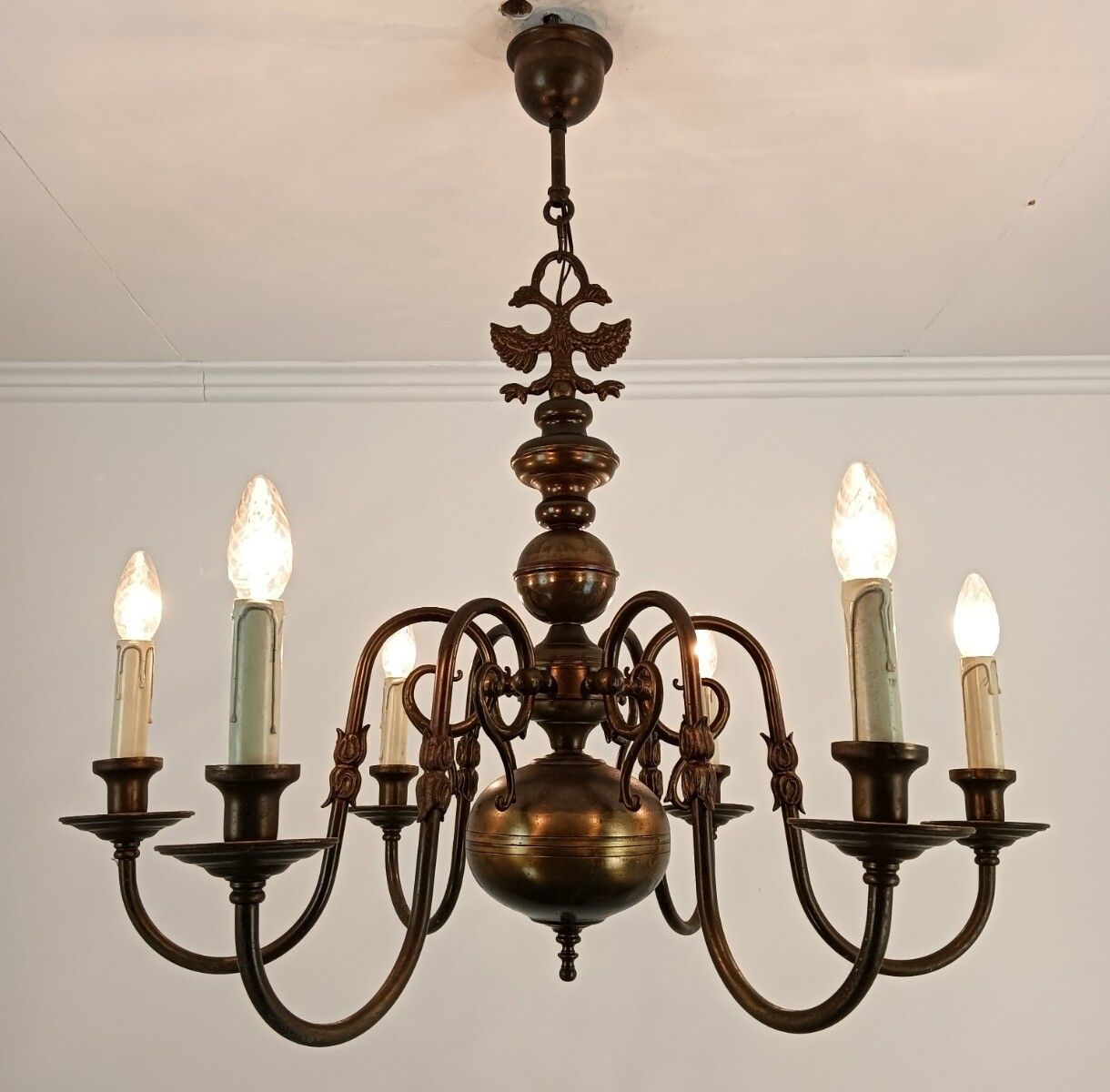 Flemish Dutch Chandelier Eagles Fish Brass Vintage Fixture 6 Lights Barn Farmhou photo Lighting