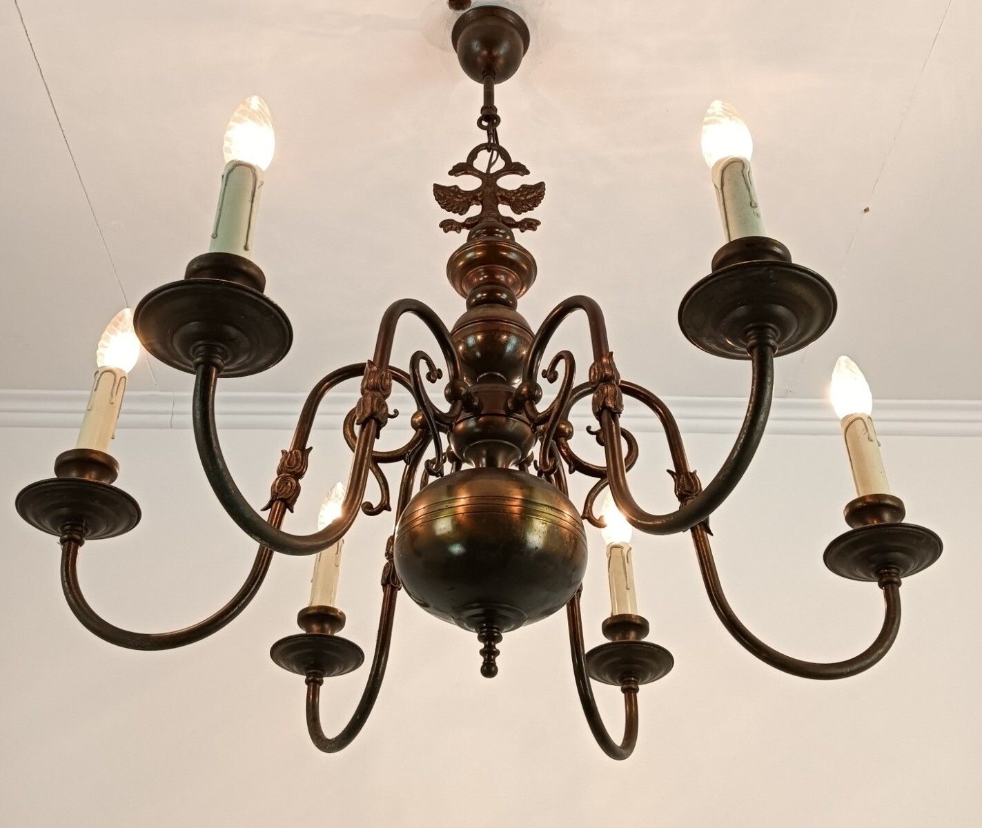 Flemish Dutch Chandelier Eagles Fish Brass Vintage Fixture 6 Lights Barn Farmhou photo buy