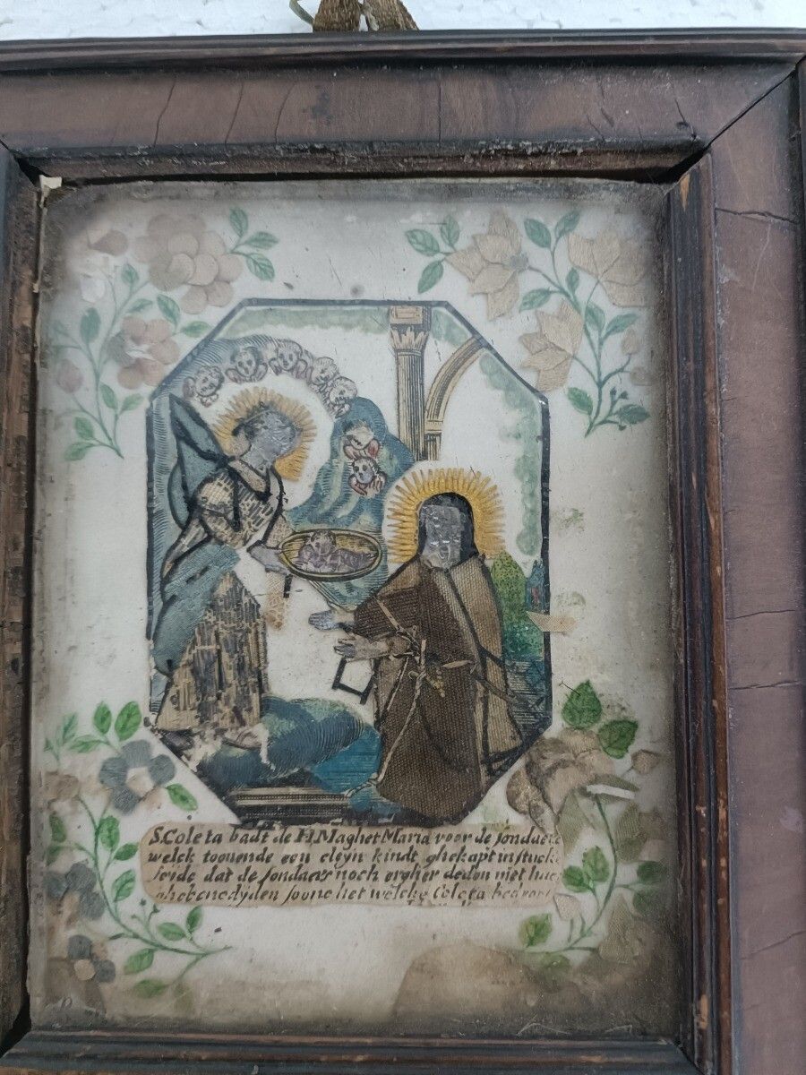 Antique Hand Made Folk Art Traveling Icon Rafael Visitation Virgin Mary Belgium photo for sale