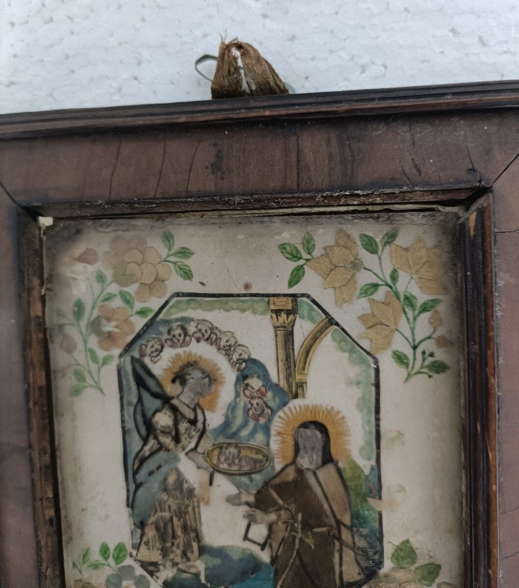 Antique Hand Made Folk Art Traveling Icon Rafael Visitation Virgin Mary Belgium photo 223.0