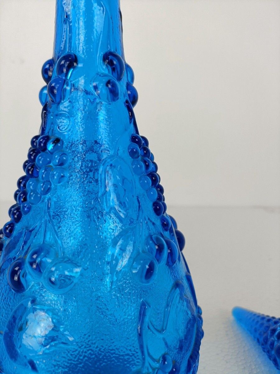 Art Bubbled Glass  Blue  Empoli  Bottle Italian Grapes Rare Color Collector Pop photo 244.0