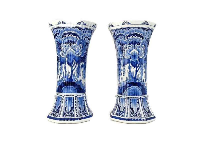 Pair Of Porceleyne Fles Hand Painted Delfts Delft Blue Holland Trumpet Vases Mar