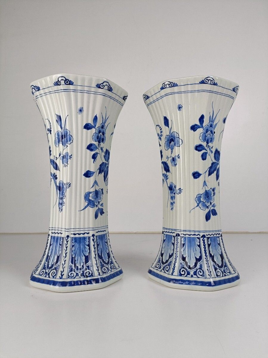 Pair Of Porceleyne Fles Hand Painted Delfts Delft Blue Holland Trumpet Vases Mar photo 445.0