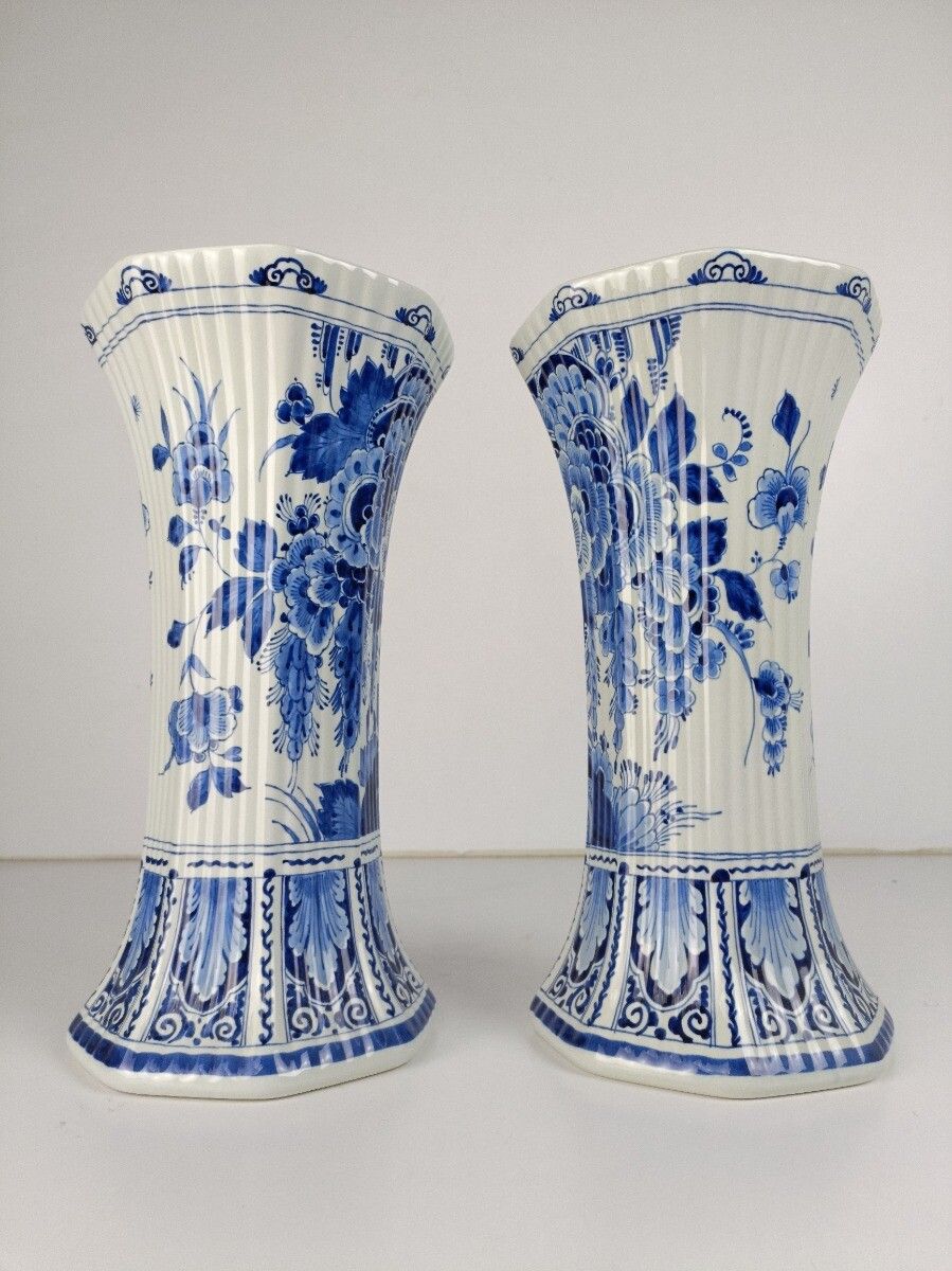 Pair Of Porceleyne Fles Hand Painted Delfts Delft Blue Holland Trumpet Vases Mar photo vinterior