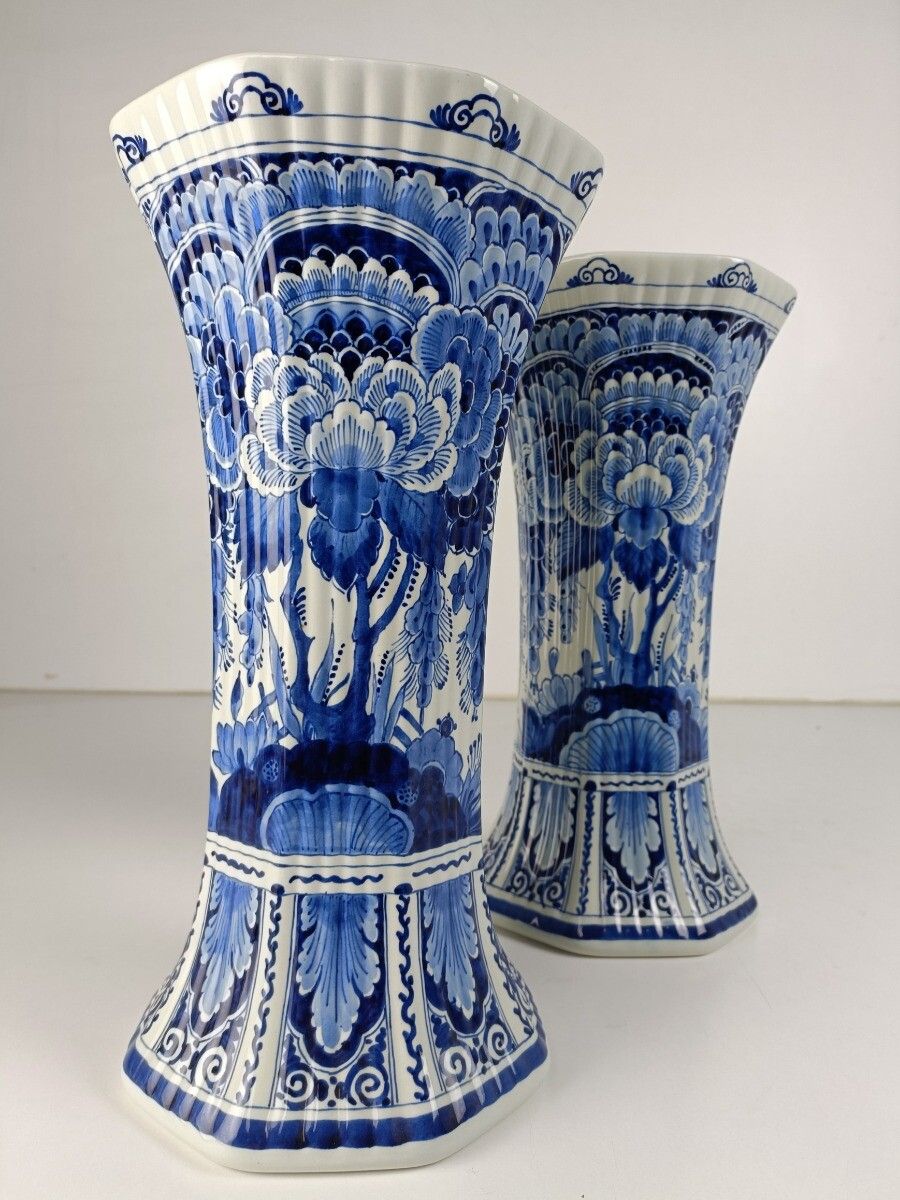 photo for sale Pair Of Porceleyne Fles Hand Painted Delfts Delft Blue Holland Trumpet Vases Mar