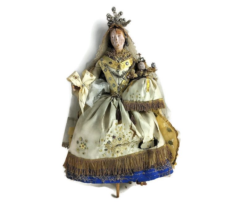 Antique Extremely Rare Stake Madonna Flanders Hand Made Wax Paper Doll 1800s Vir