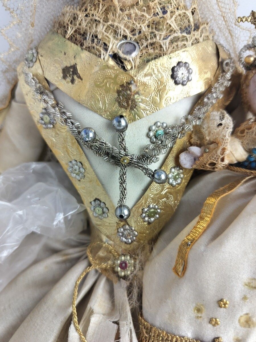 photo furniture Antique Extremely Rare Stake Madonna Flanders Hand Made Wax Paper Doll 1800s Vir