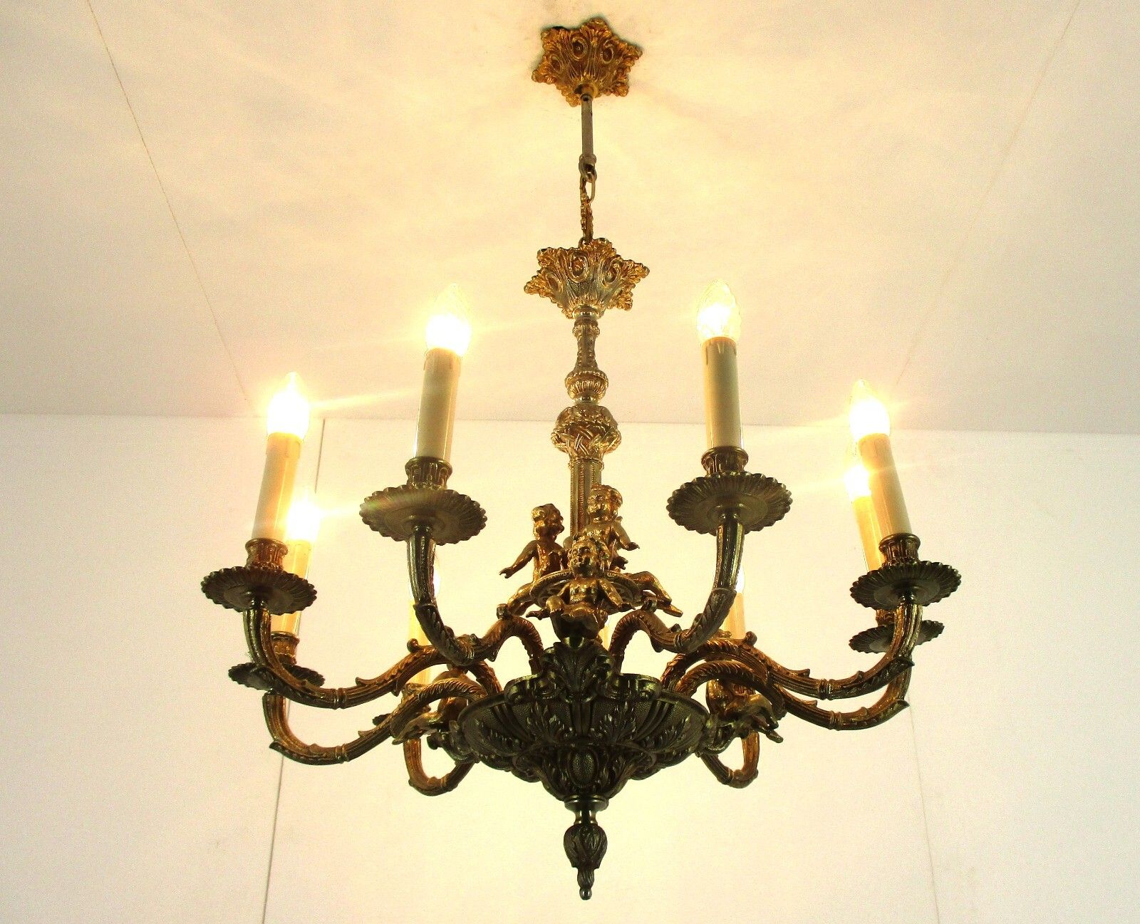 Stunning Chandelier 9 Lights Arm Putti Hollywood Regency Ornate Brass photo furniture