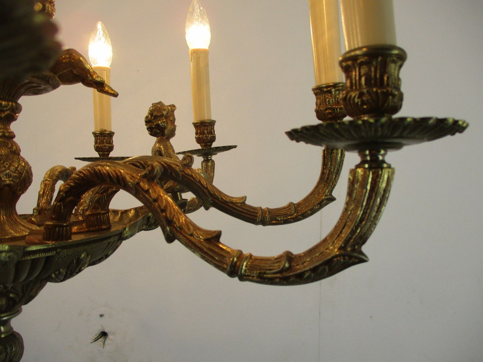 Stunning Chandelier 9 Lights Arm Putti Hollywood Regency Ornate Brass photo vintage