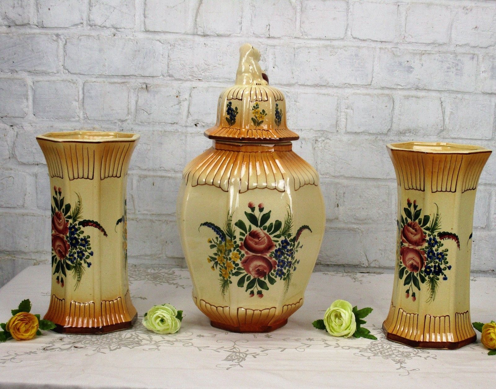 Garniture Mantle Set 2 Vases Matching Urn Porcelain Stoneware Foo Dog Rare photo 130.0