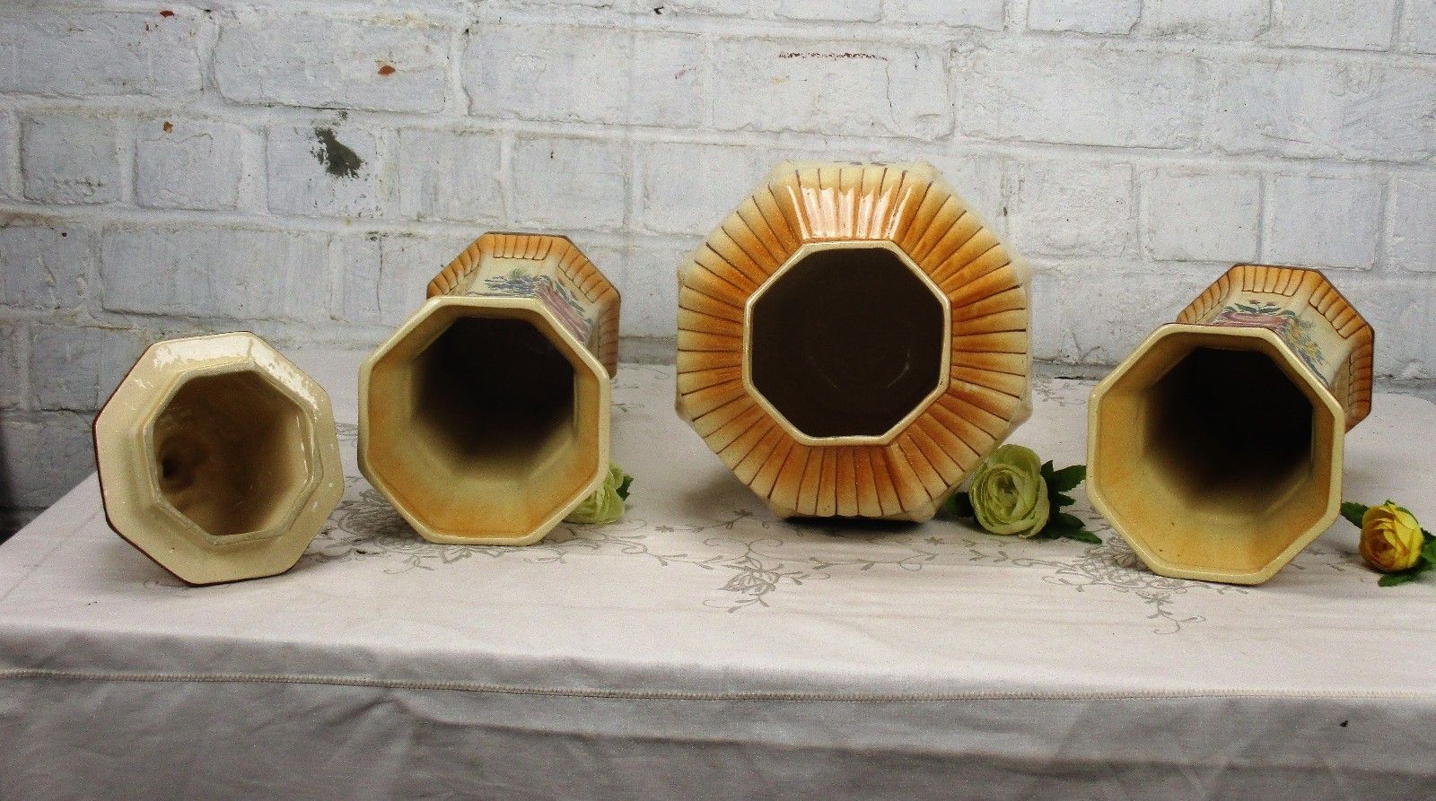 Garniture Mantle Set 2 Vases Matching Urn Porcelain Stoneware Foo Dog Rare photo buy