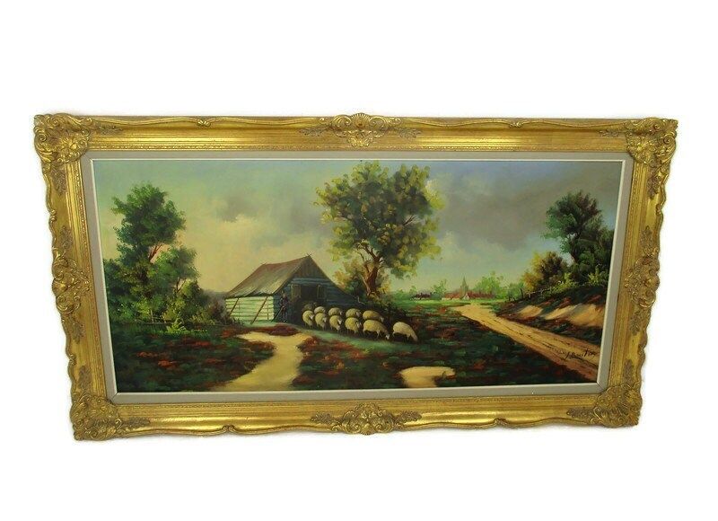 Xl Oil Painting Ornate Wood Plaster Frame Sheep Shepherd Gorgeous Frame Signed B