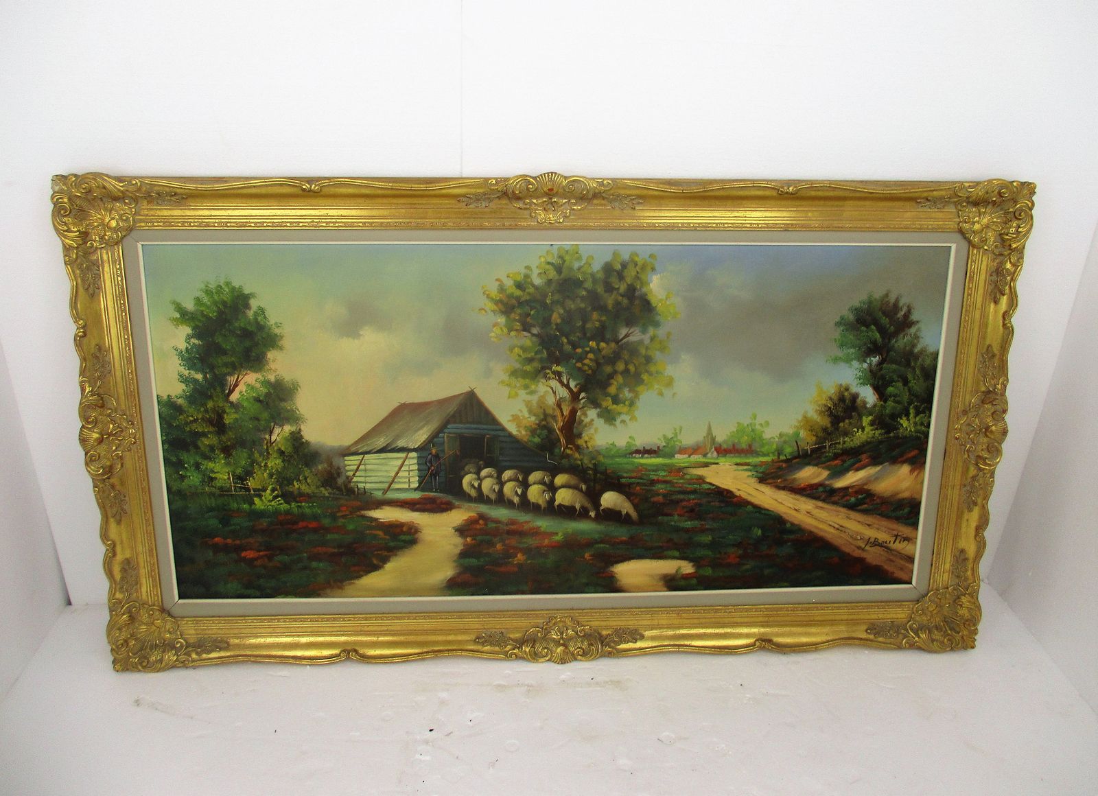 Xl Oil Painting Ornate Wood Plaster Frame Sheep Shepherd Gorgeous Frame Signed B photo furniture