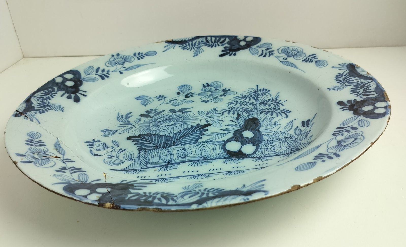 19th Century Delft Wall Hanging Charger Plate Blue White Antique Flowers Pattern photo for sale