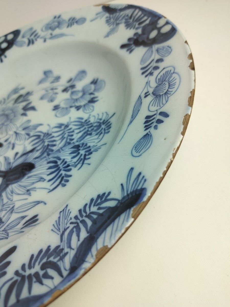 19th Century Delft Wall Hanging Charger Plate Blue White Antique Flowers Pattern photo vinterior