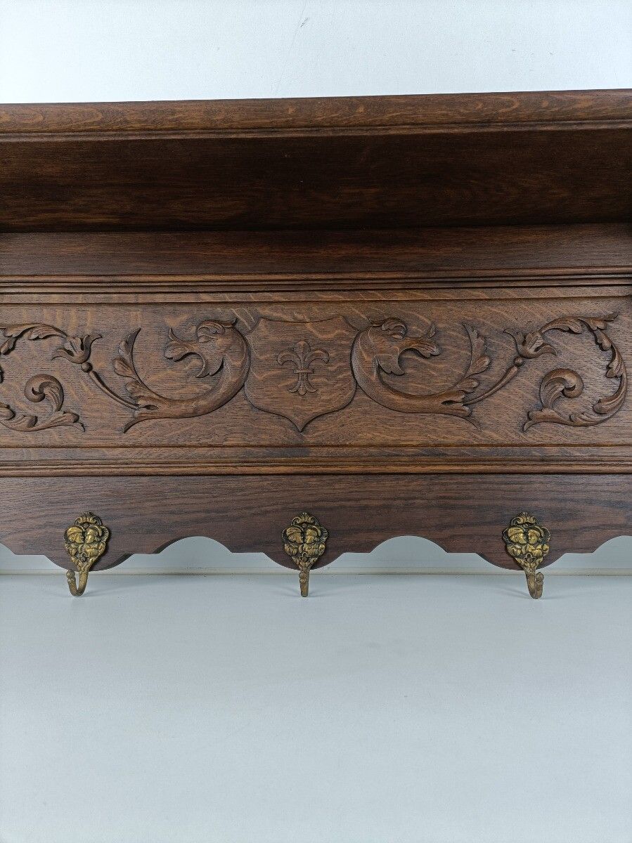 Gorgeous Antique Carved Wood Coat Hat Rack Ornate Etched Hand Carved Wood Shield photo buy