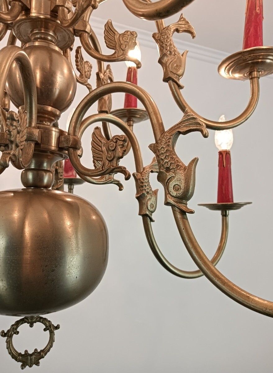 photo furniture Vintage Dutch Flemish Chandelier Tinted Brass Two Tier 12 Lights!! Farmhouse Sty